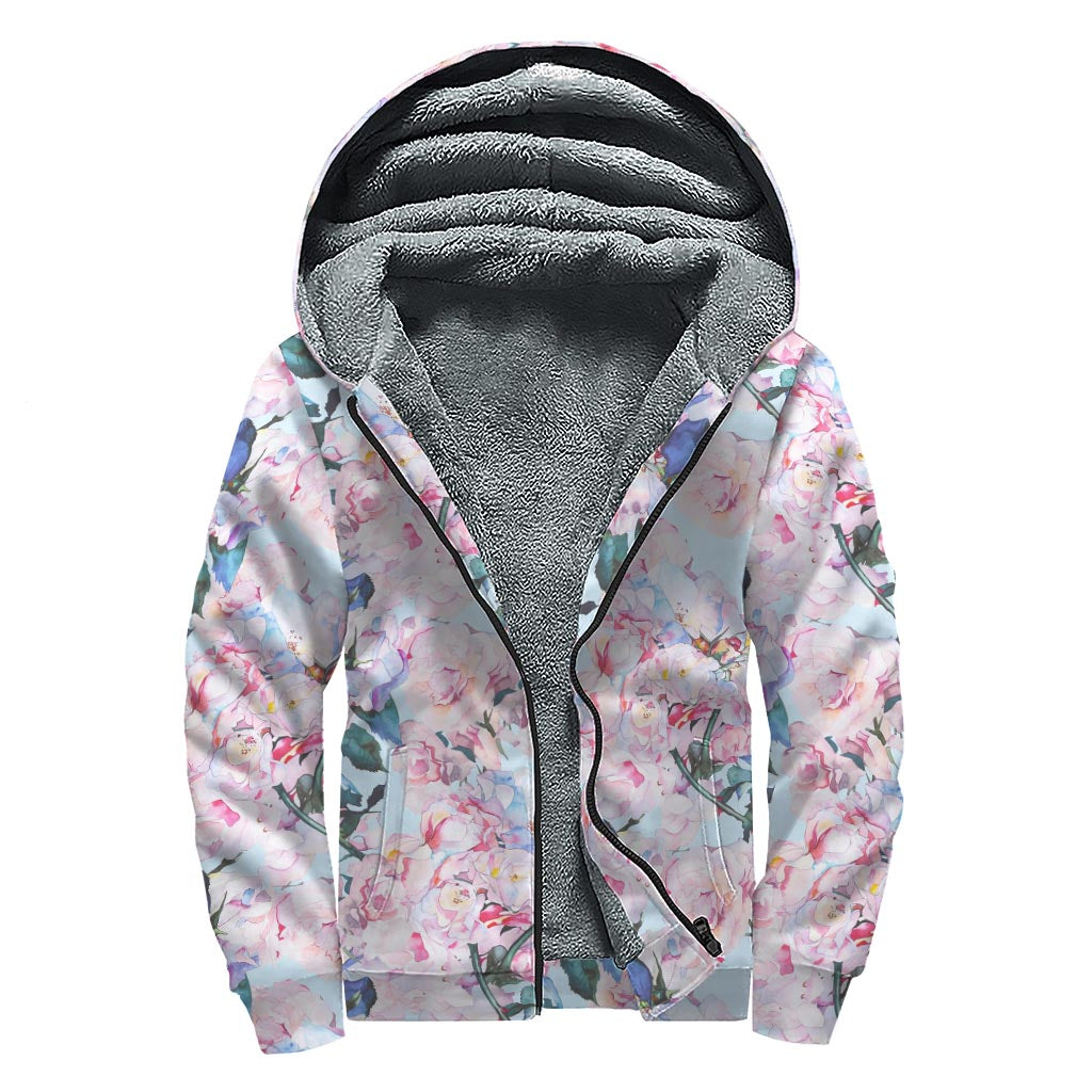 Blossom Floral Flower Pattern Print Sherpa Lined Zip Up Hoodie