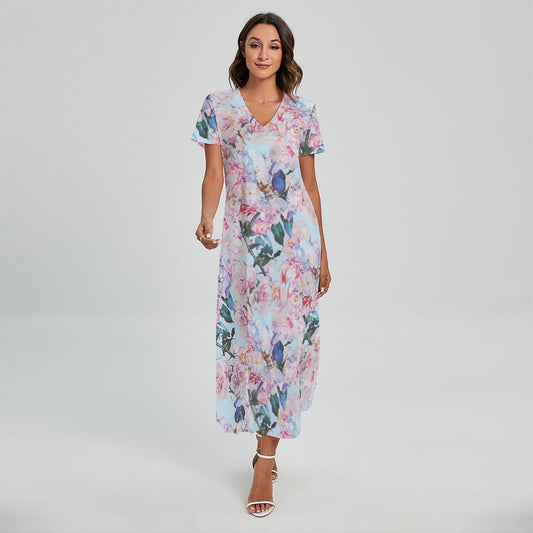 Blossom Floral Flower Pattern Print Short Sleeve Maxi Dress