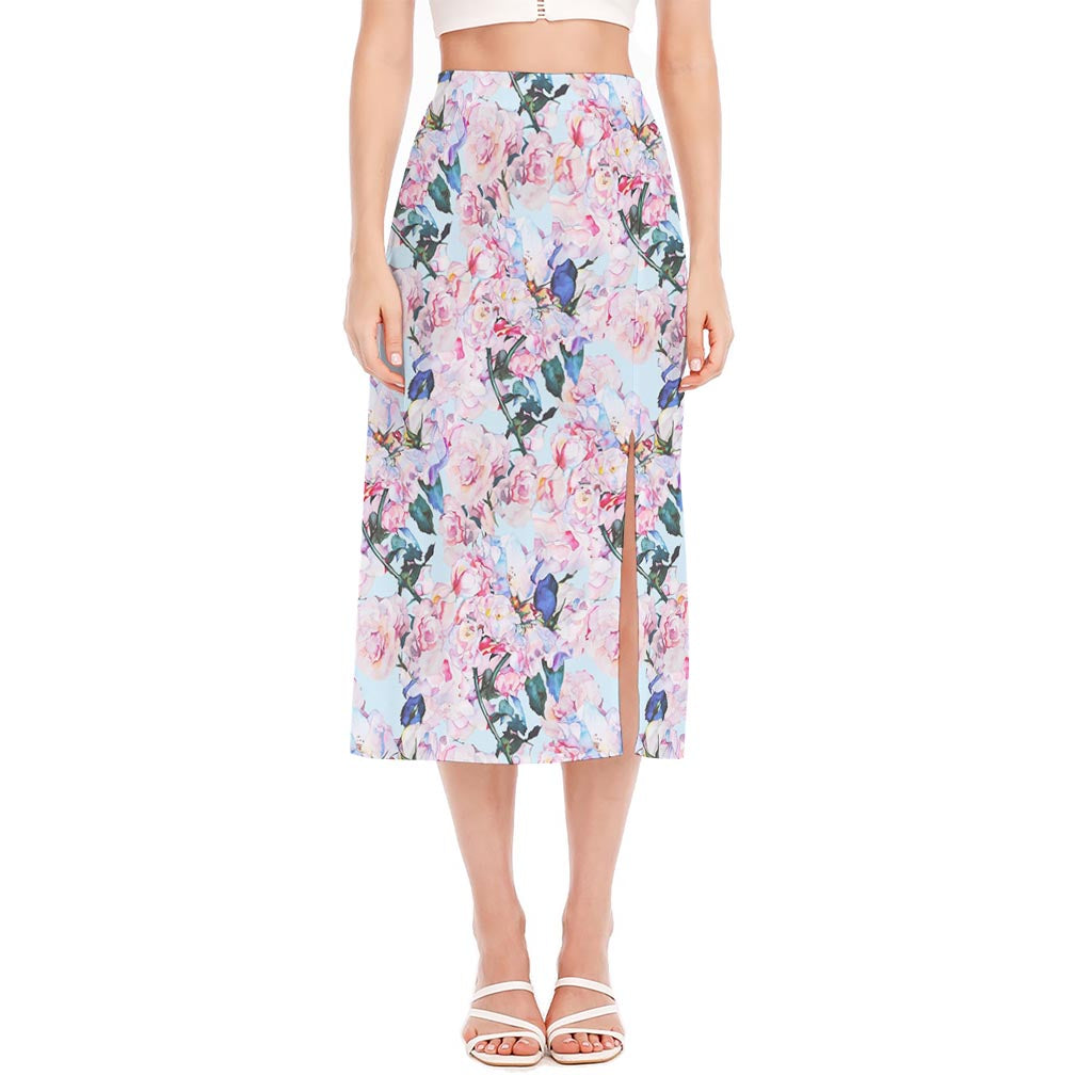 Blossom Floral Flower Pattern Print Side Slit Midi Skirt