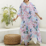 Blossom Floral Flower Pattern Print Silk V-Neck Kaftan Dress