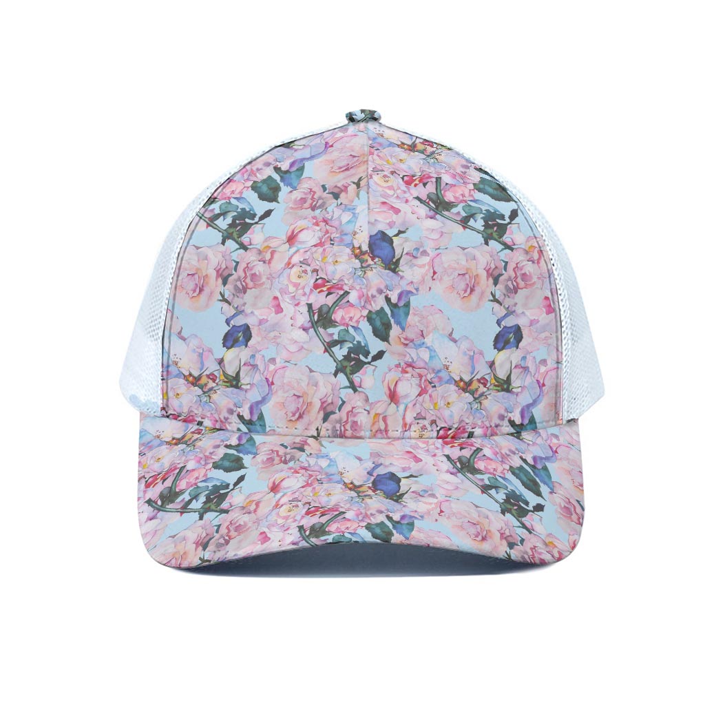 Blossom Floral Flower Pattern Print White Mesh Trucker Cap