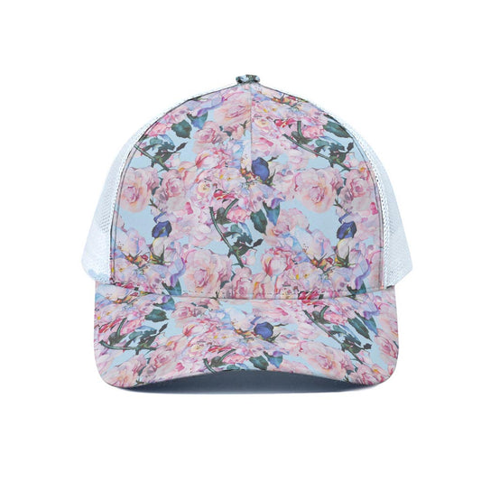 Blossom Floral Flower Pattern Print White Mesh Trucker Cap