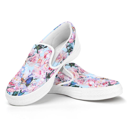 Blossom Floral Flower Pattern Print White Slip On Sneakers