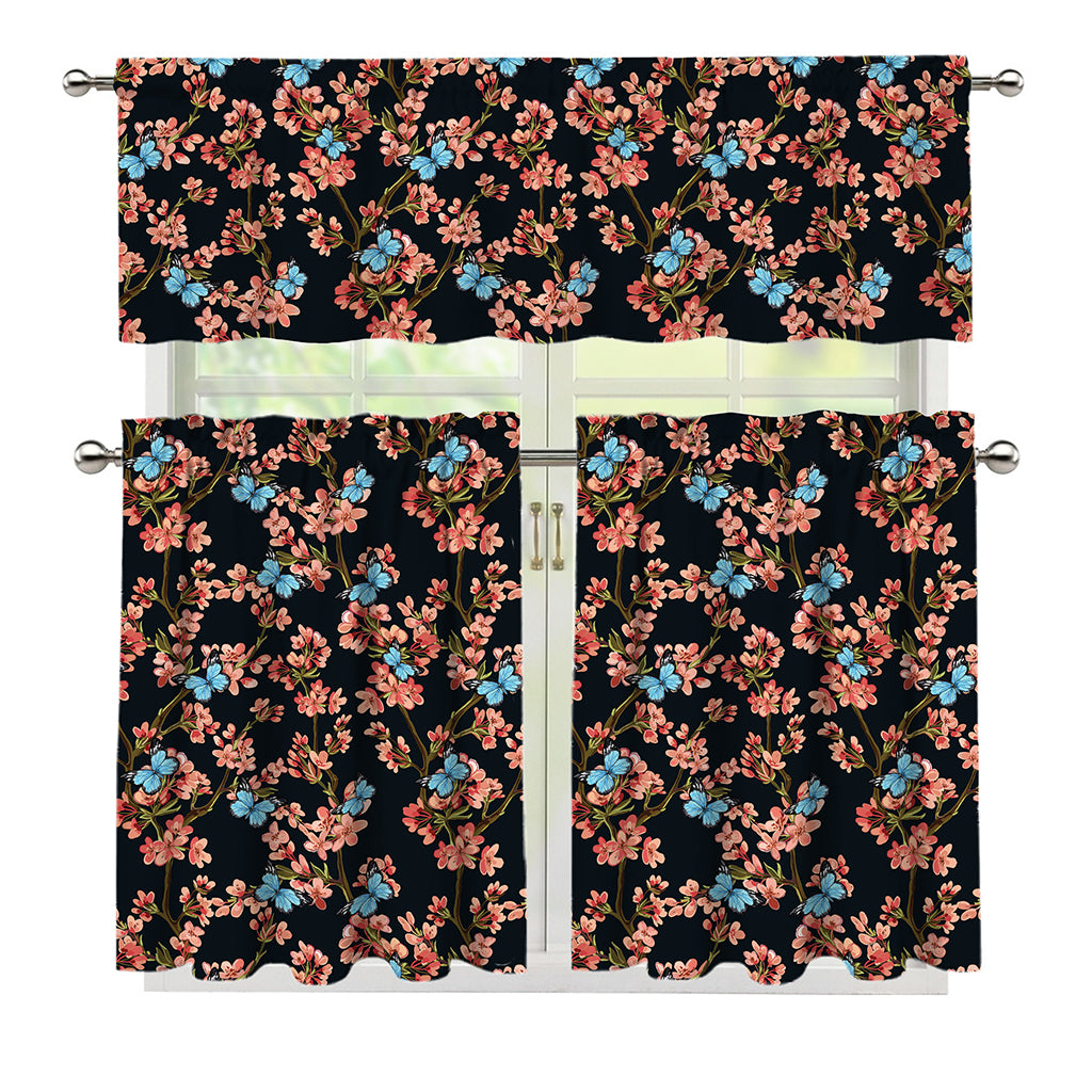 Blossom Flower Butterfly Print 3 Piece Kitchen Curtains
