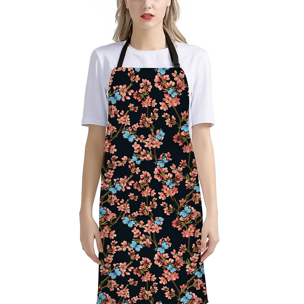 Blossom Flower Butterfly Print Bib Apron With Pocket