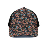 Blossom Flower Butterfly Print Black Mesh Trucker Cap