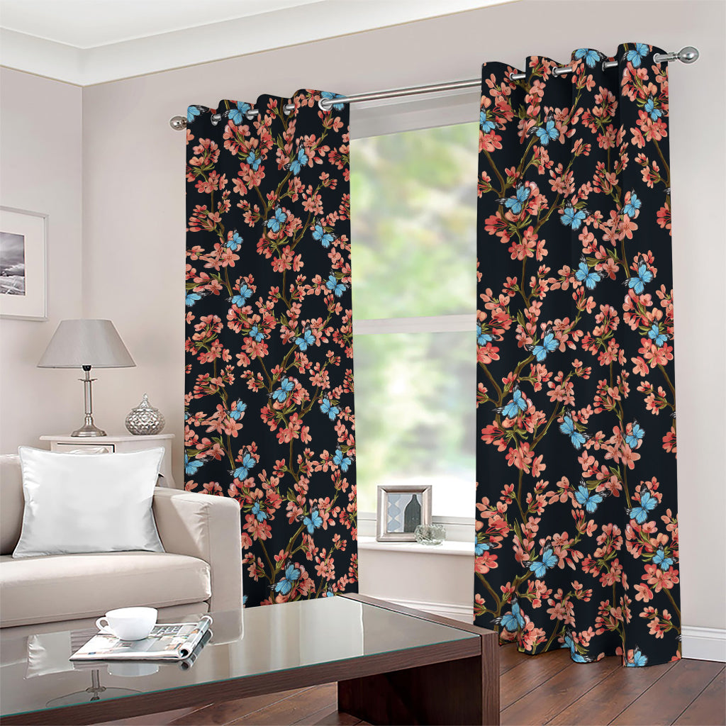 Blossom Flower Butterfly Print Blackout Grommet Curtains