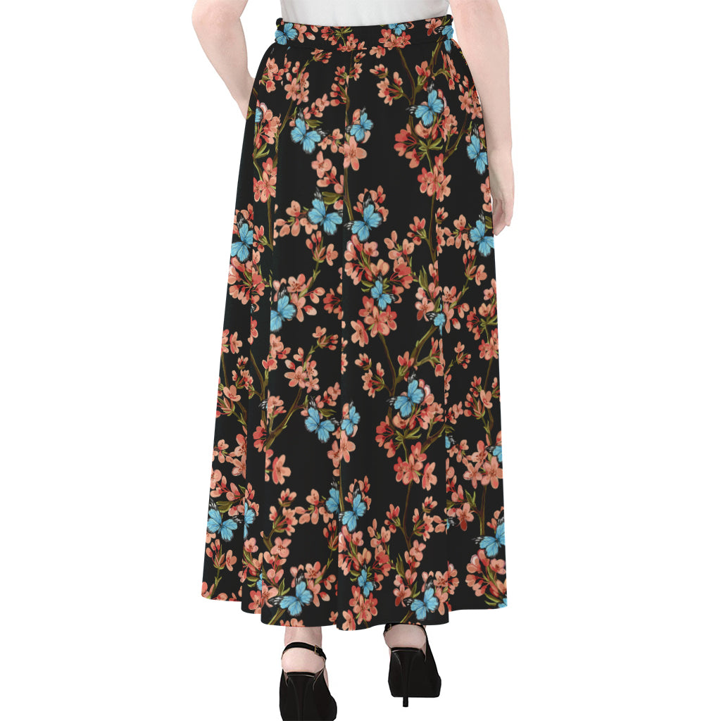 Blossom Flower Butterfly Print Chiffon Maxi Skirt