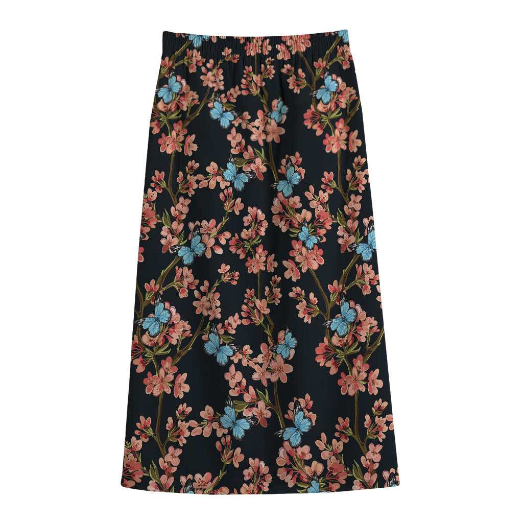 Blossom Flower Butterfly Print Cotton Front Slit Maxi Skirt