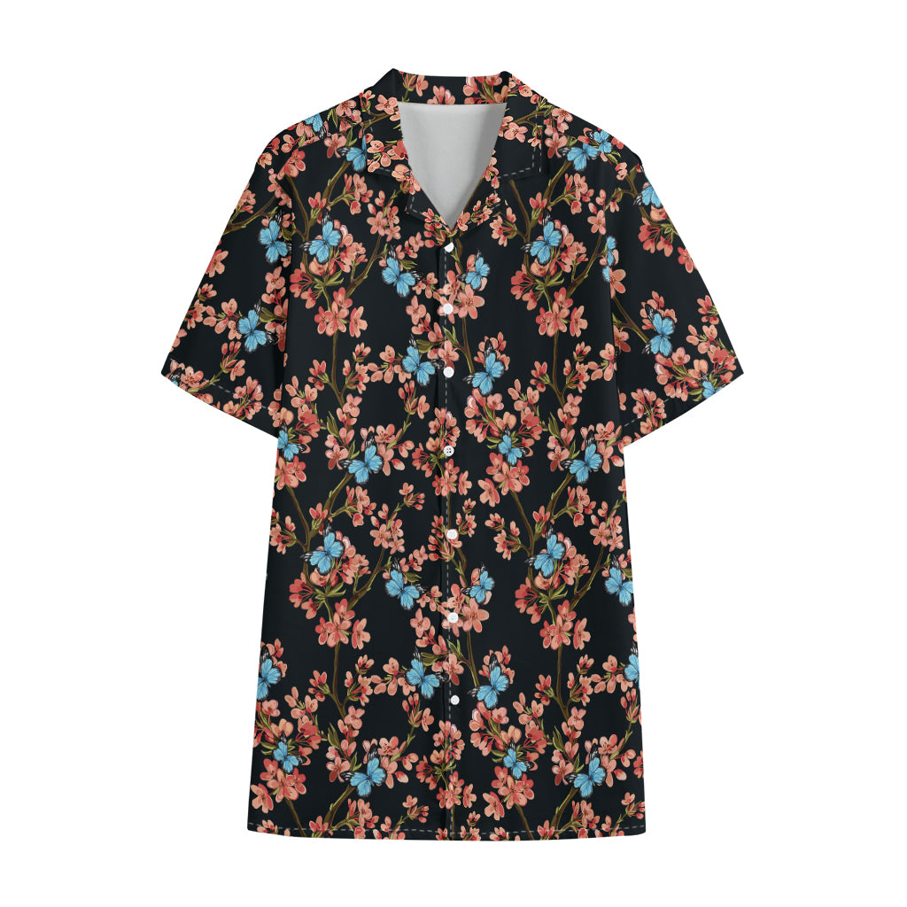Blossom Flower Butterfly Print Cotton Hawaiian Shirt