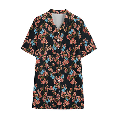 Blossom Flower Butterfly Print Cotton Hawaiian Shirt