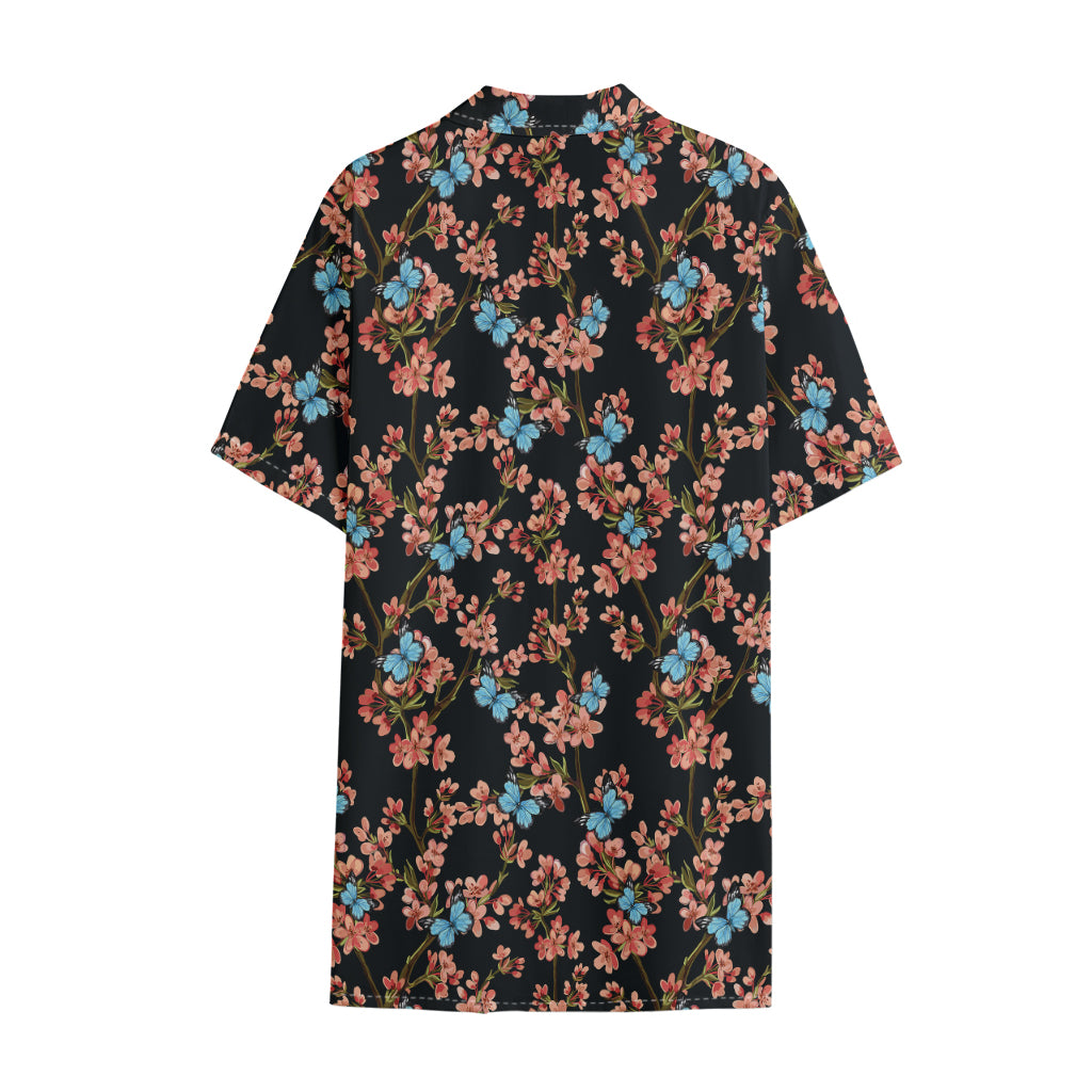 Blossom Flower Butterfly Print Cotton Hawaiian Shirt