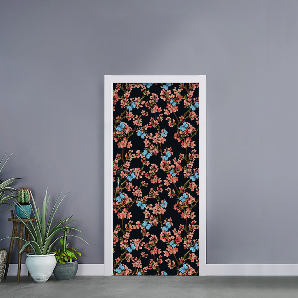 Blossom Flower Butterfly Print Door Sticker