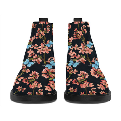 Blossom Flower Butterfly Print Flat Ankle Boots
