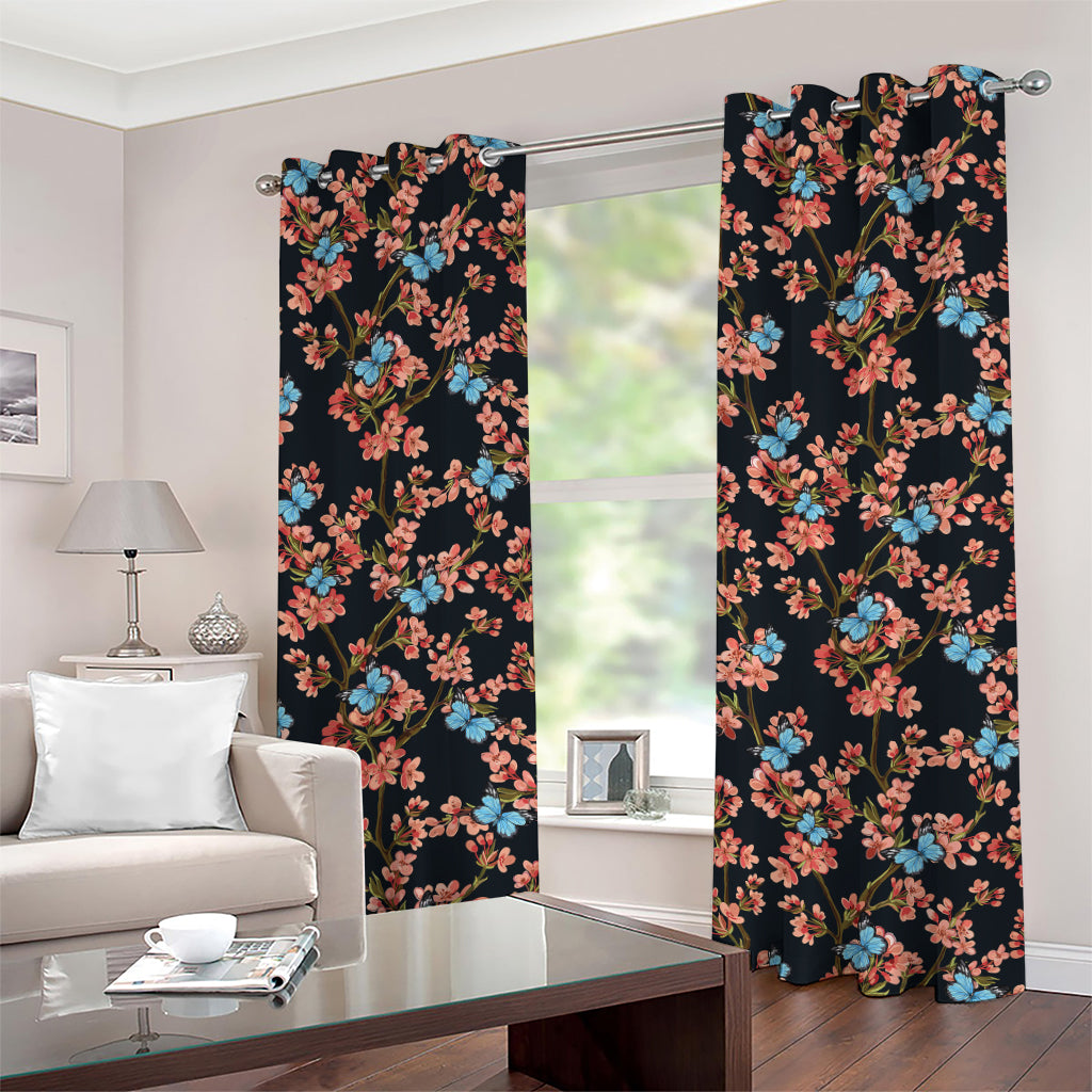 Blossom Flower Butterfly Print Grommet Curtains