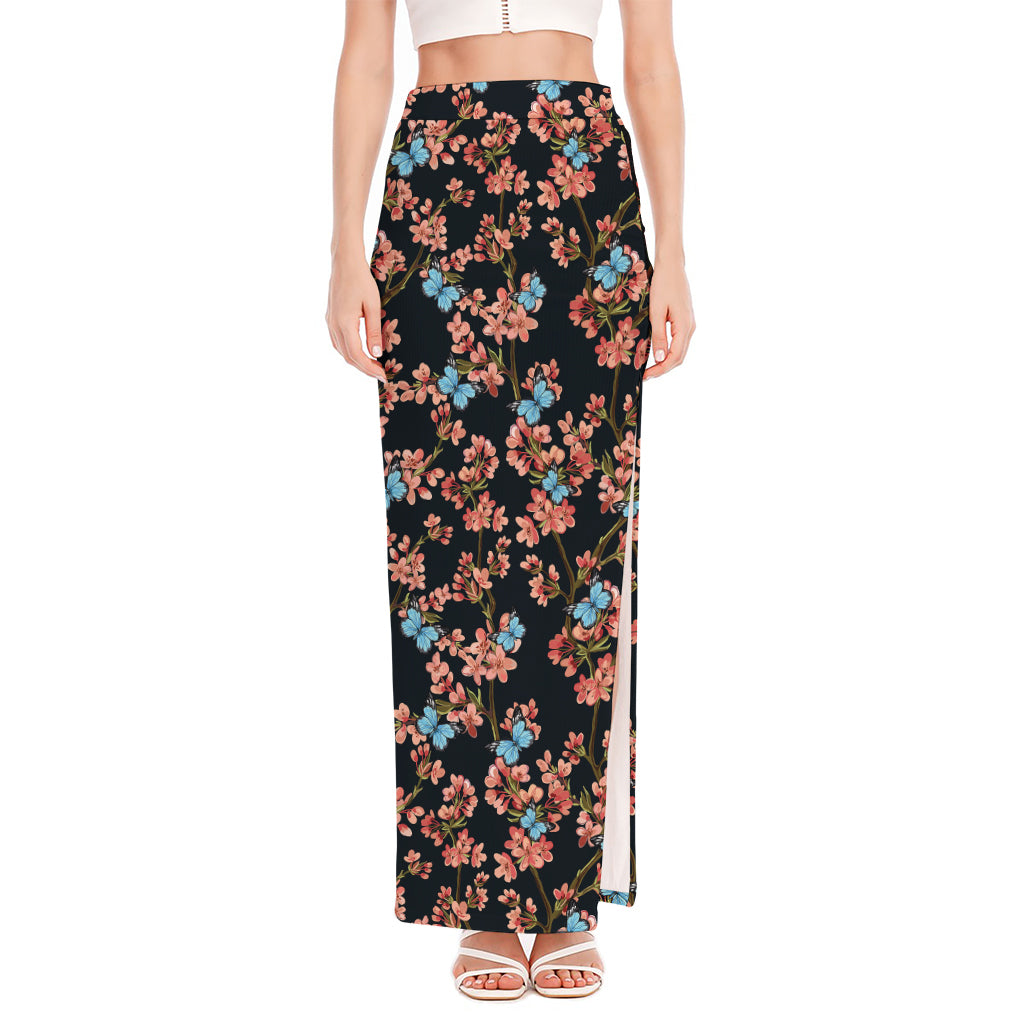 Blossom Flower Butterfly Print High Slit Maxi Skirt