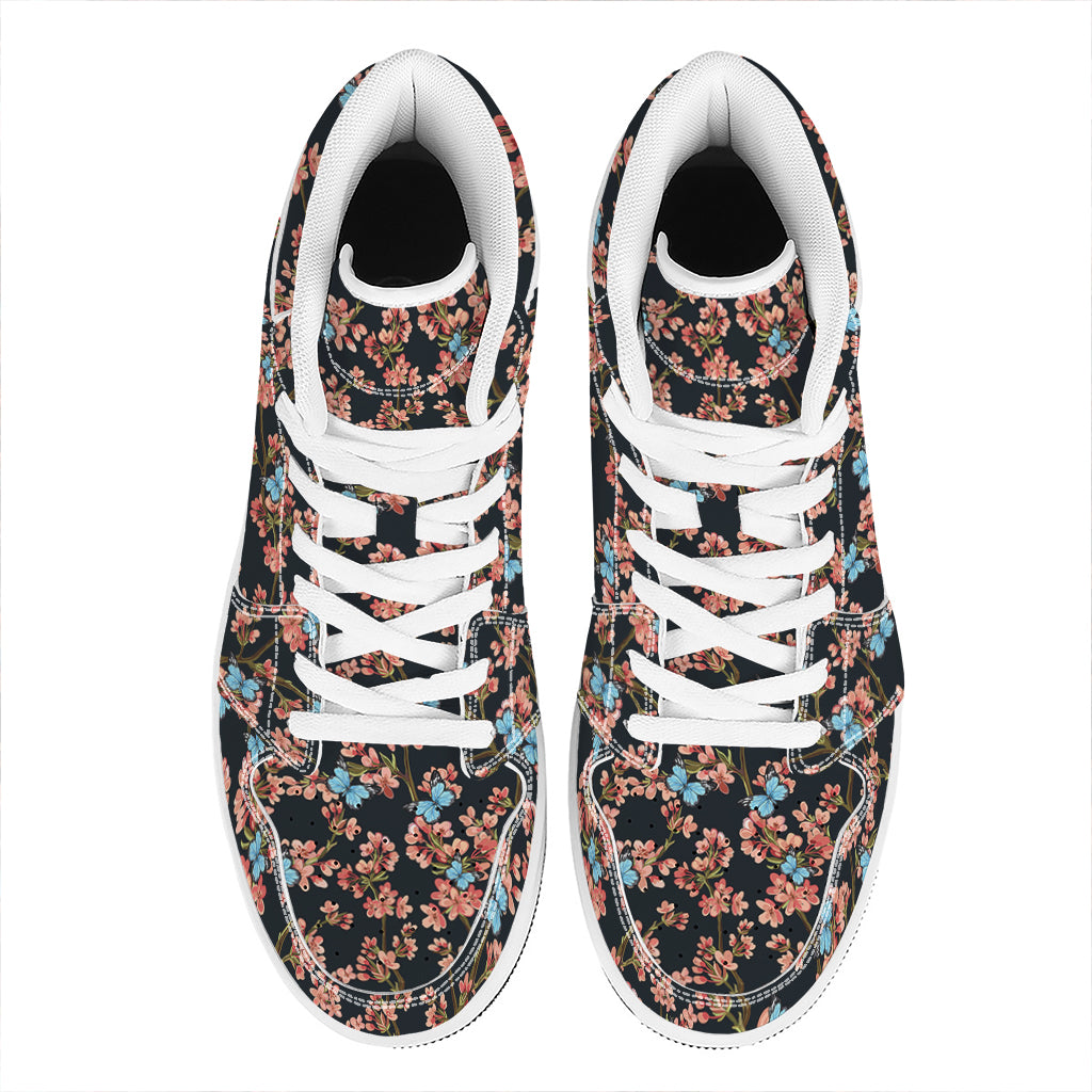 Blossom Flower Butterfly Print High Top Leather Sneakers