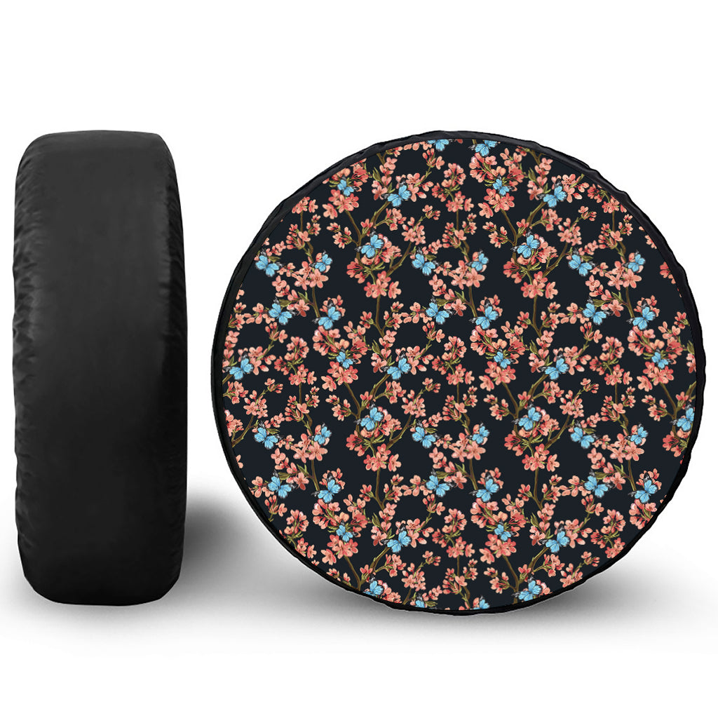 Blossom Flower Butterfly Print Leather Spare Tire Cover