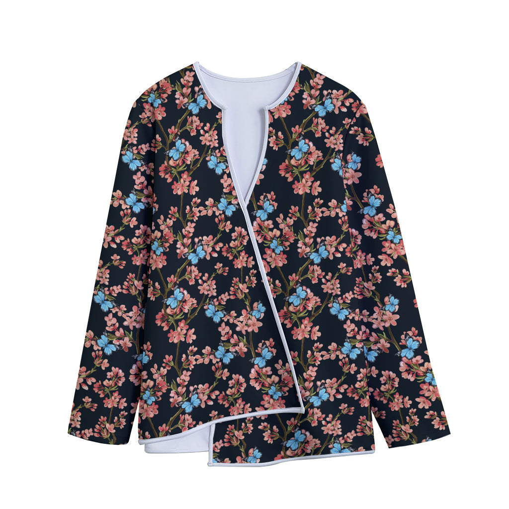 Blossom Flower Butterfly Print Long Sleeve Short Coat