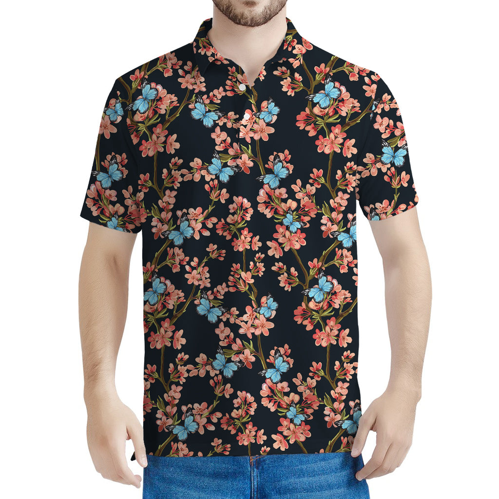 Blossom Flower Butterfly Print Men's Polo Shirt