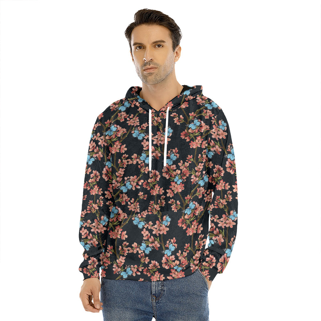 Blossom Flower Butterfly Print Men's Velvet Pullover Hoodie