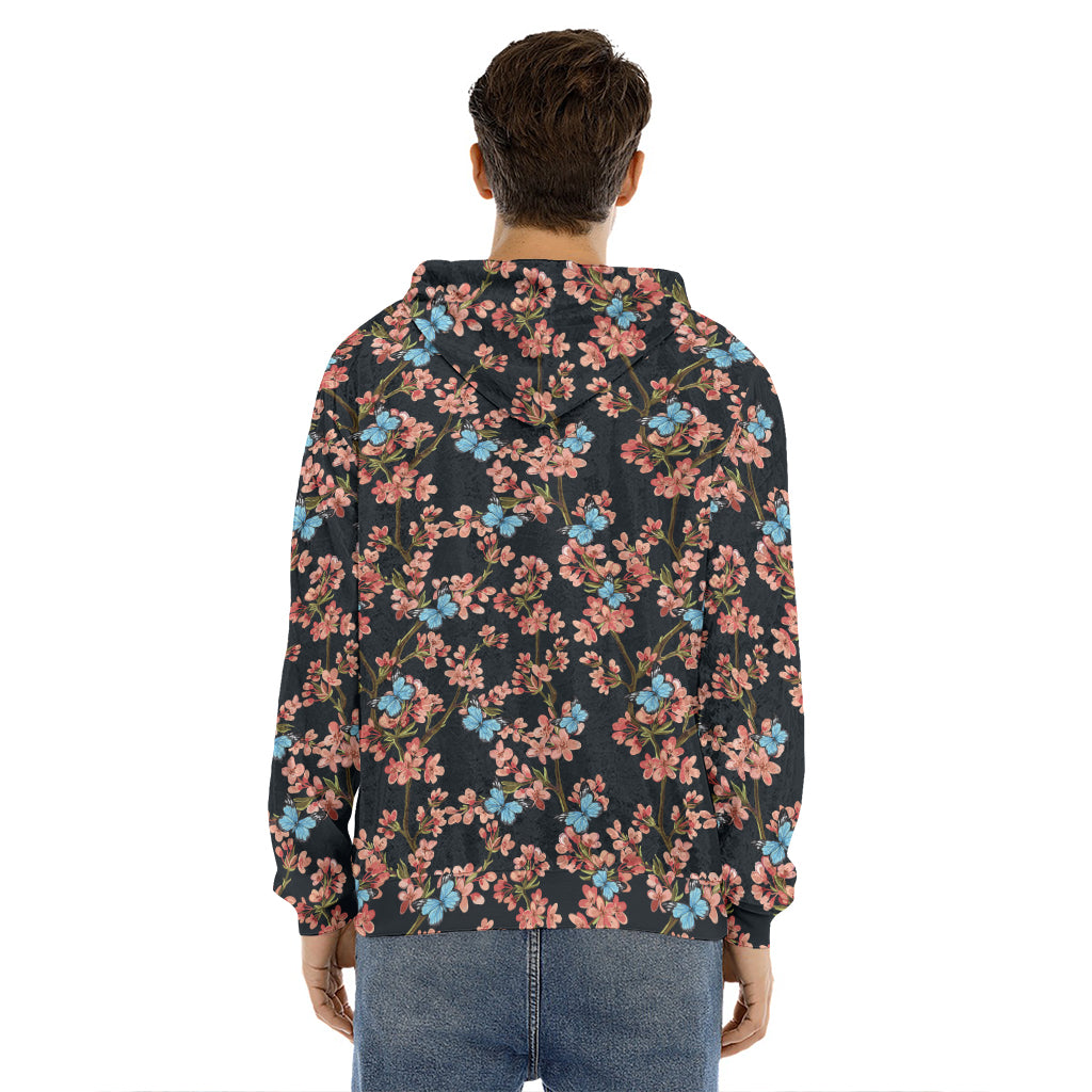 Blossom Flower Butterfly Print Men's Velvet Pullover Hoodie