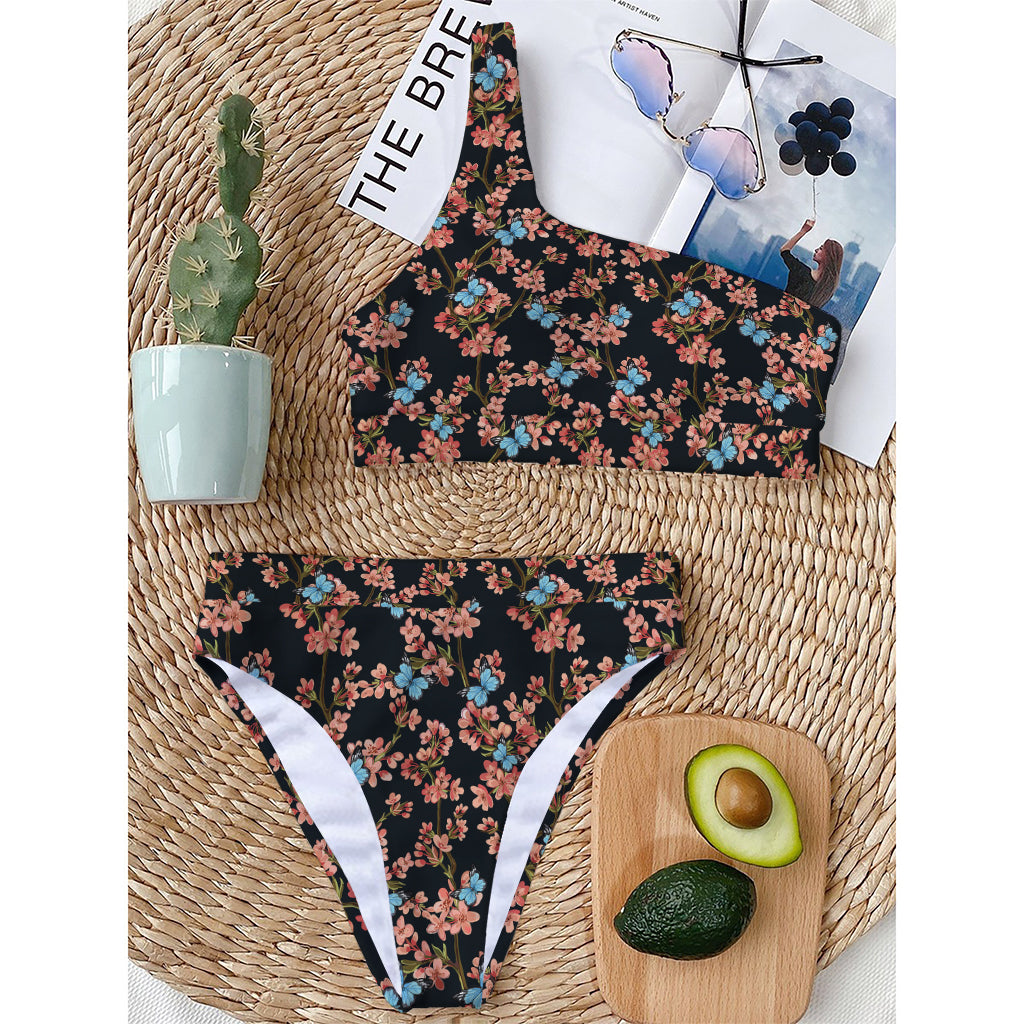 Blossom Flower Butterfly Print One Shoulder Bikini Top