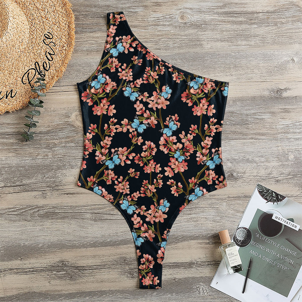 Blossom Flower Butterfly Print One Shoulder Bodysuit