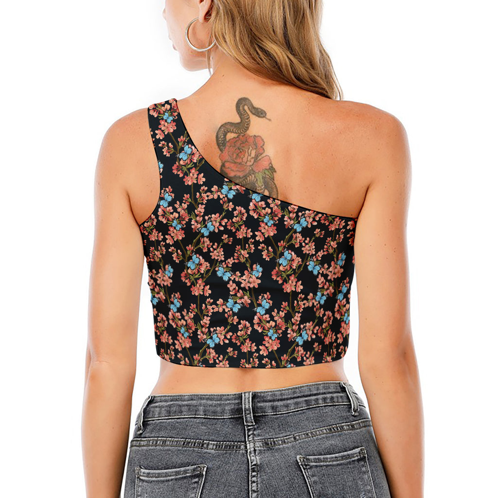 Blossom Flower Butterfly Print One Shoulder Crop Top