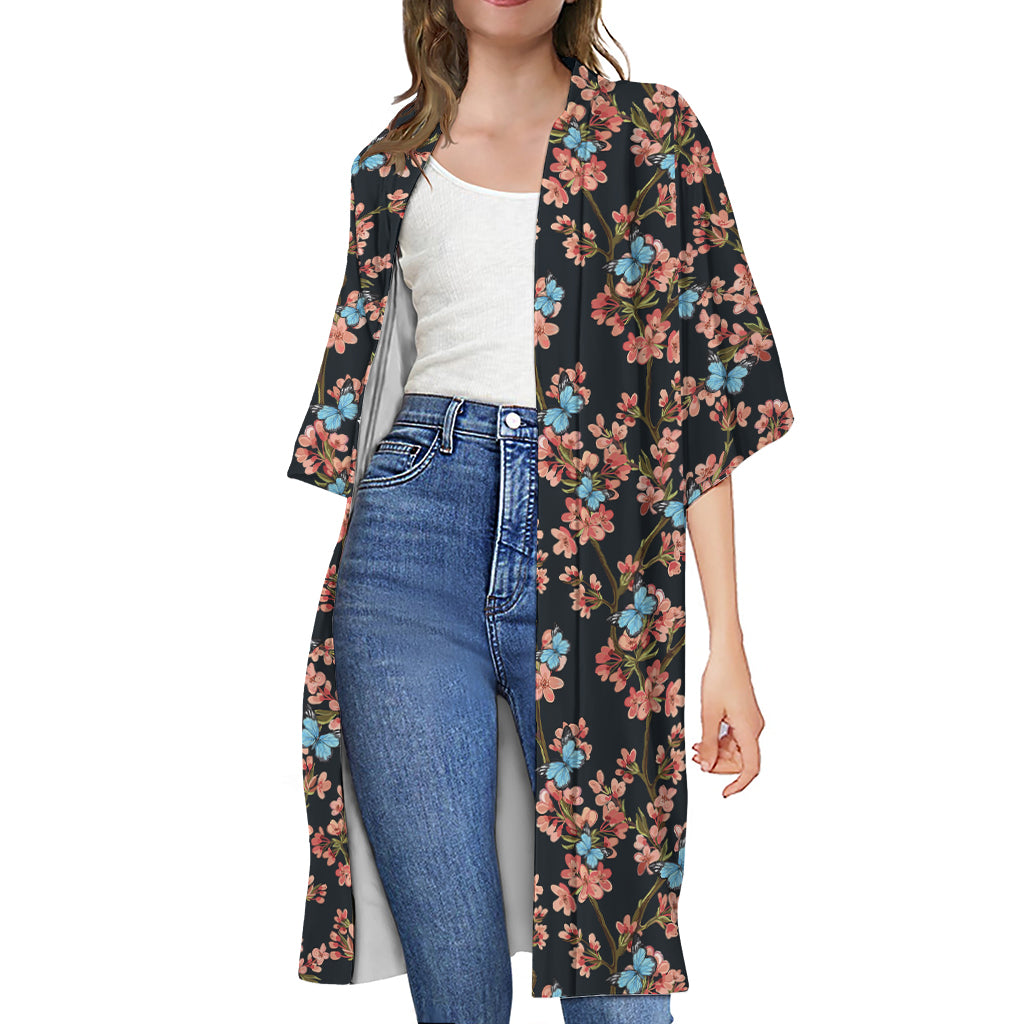 Blossom Flower Butterfly Print Open Front Beach Cover Up