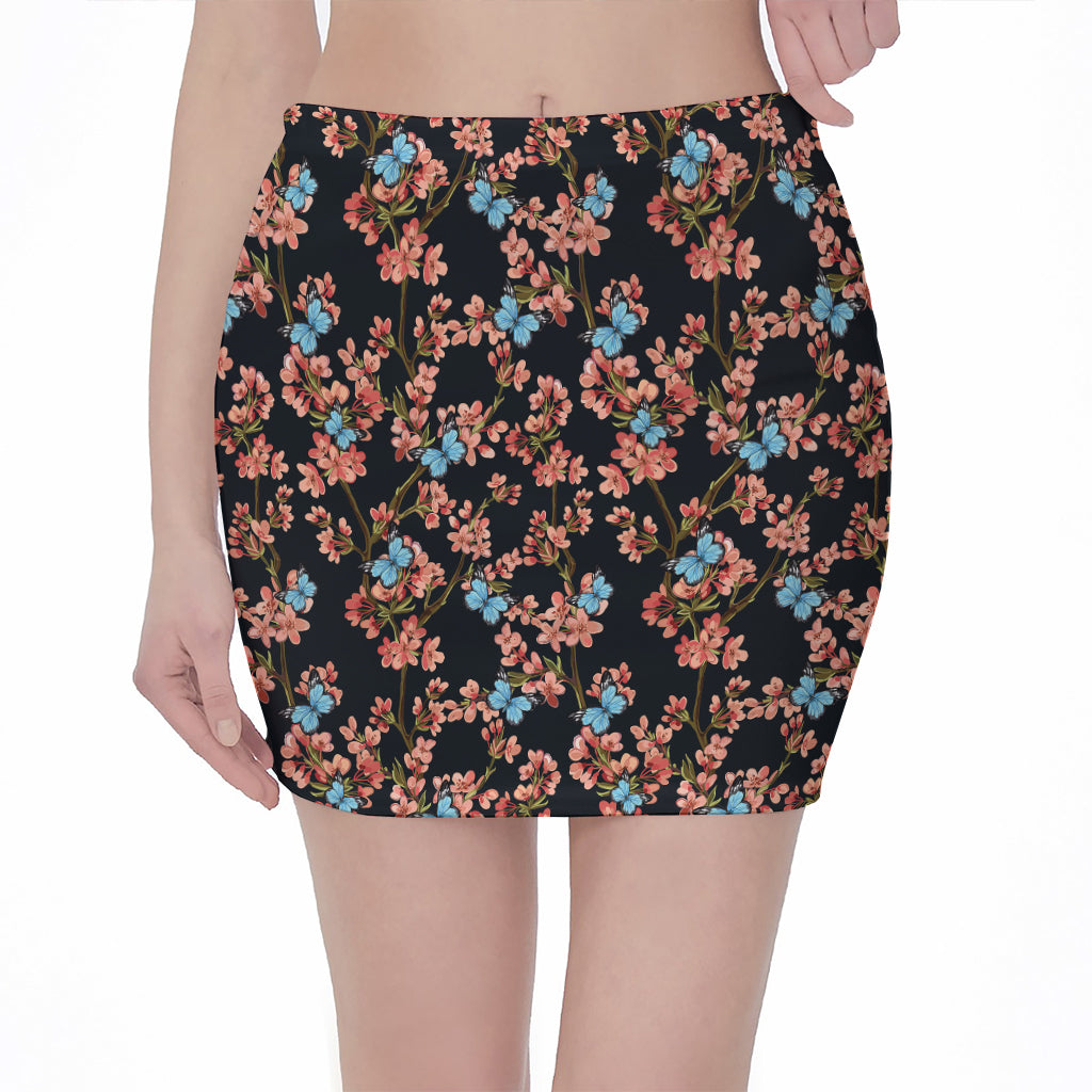 Blossom Flower Butterfly Print Pencil Mini Skirt
