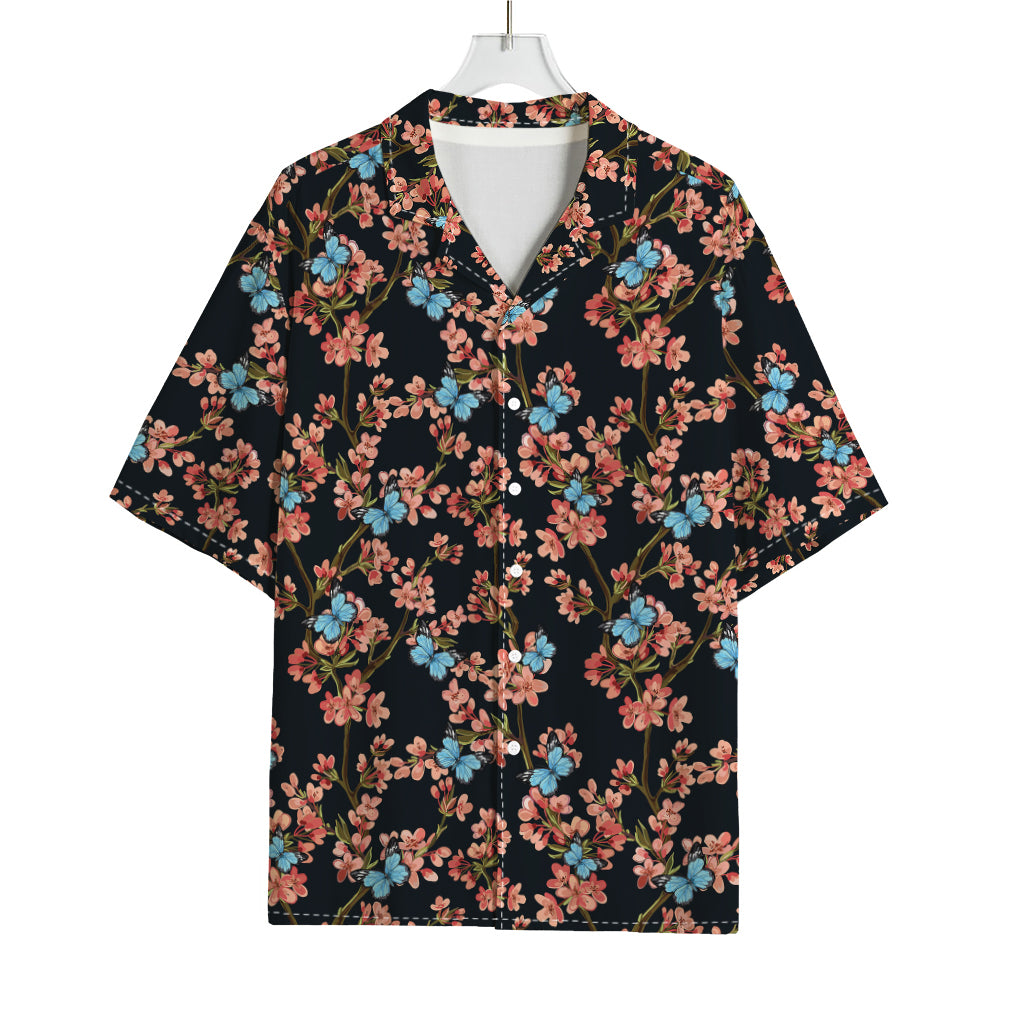 Blossom Flower Butterfly Print Rayon Hawaiian Shirt