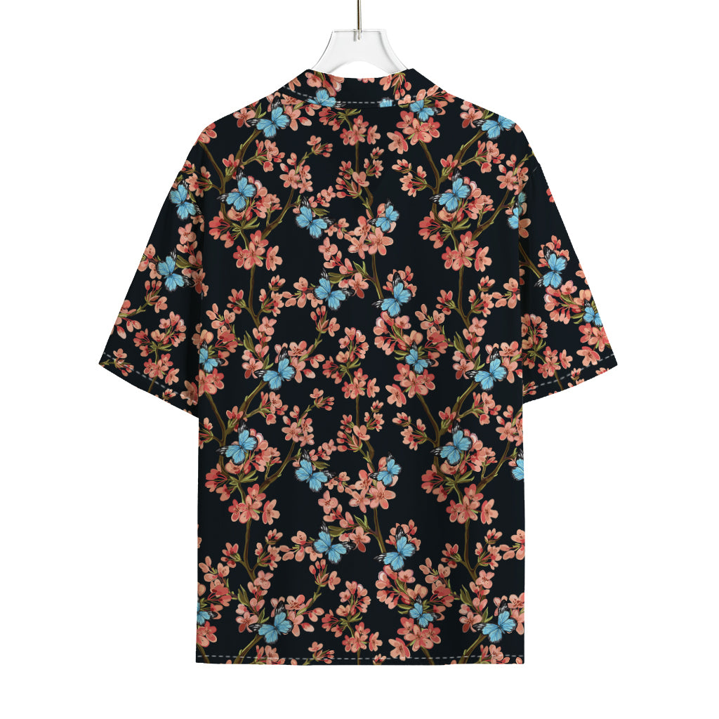 Blossom Flower Butterfly Print Rayon Hawaiian Shirt