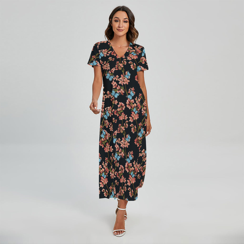 Blossom Flower Butterfly Print Short Sleeve Maxi Dress