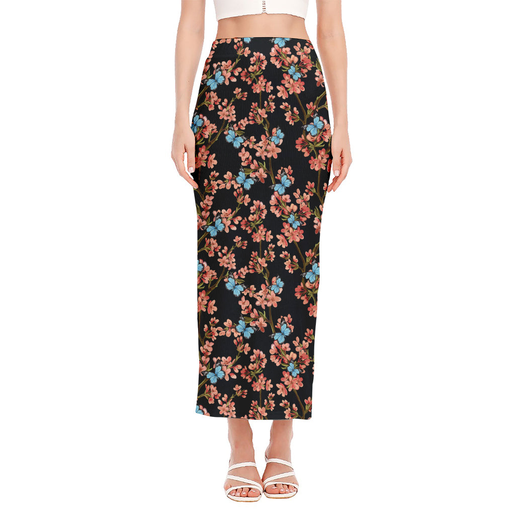 Blossom Flower Butterfly Print Side Slit Maxi Skirt