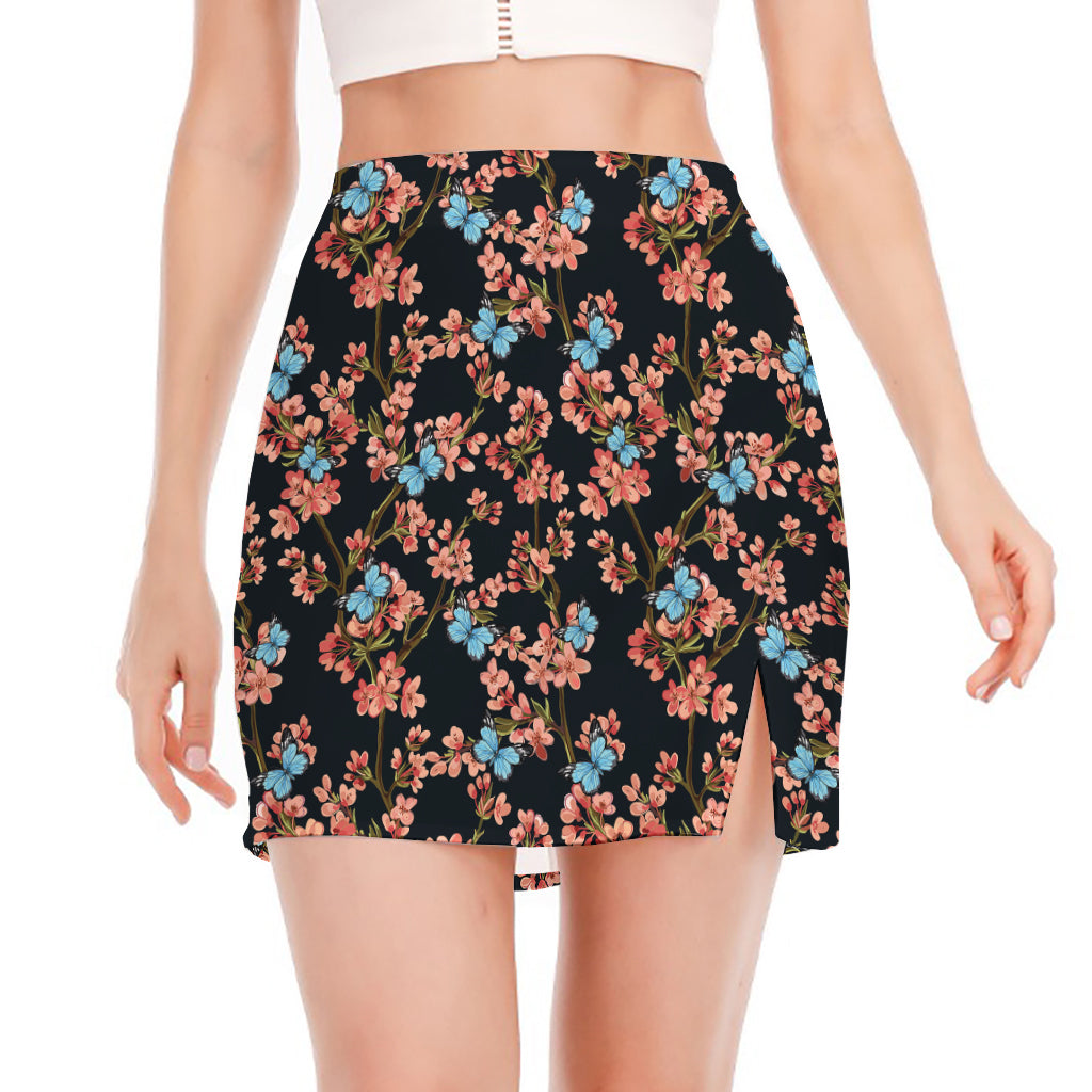 Blossom Flower Butterfly Print Side Slit Mini Skirt