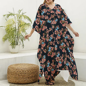 Blossom Flower Butterfly Print Silk V-Neck Kaftan Dress