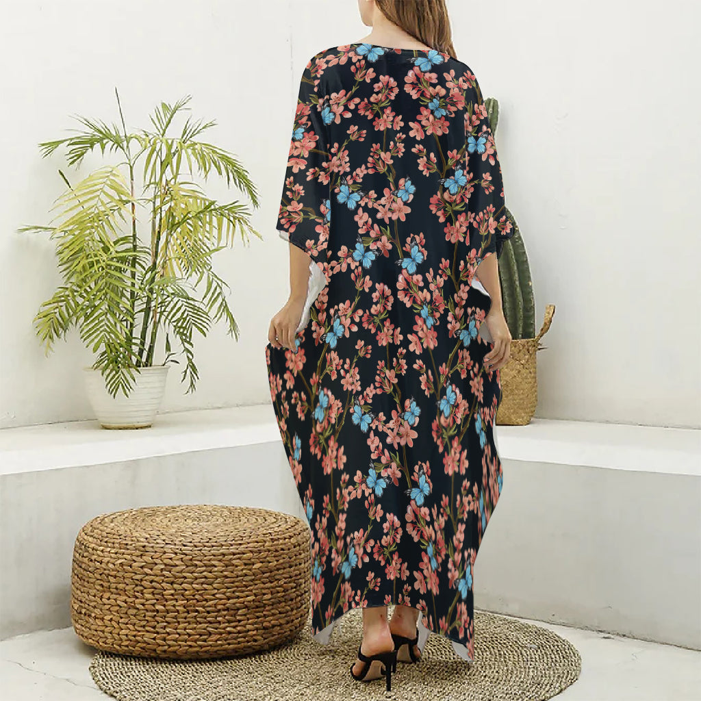 Blossom Flower Butterfly Print Silk V-Neck Kaftan Dress