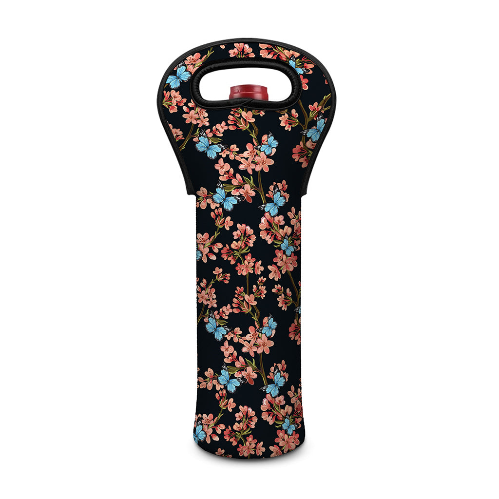 Blossom Flower Butterfly Print Single Neoprene Wine Tote