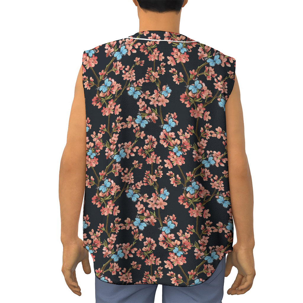 Blossom Flower Butterfly Print Sleeveless Baseball Jersey