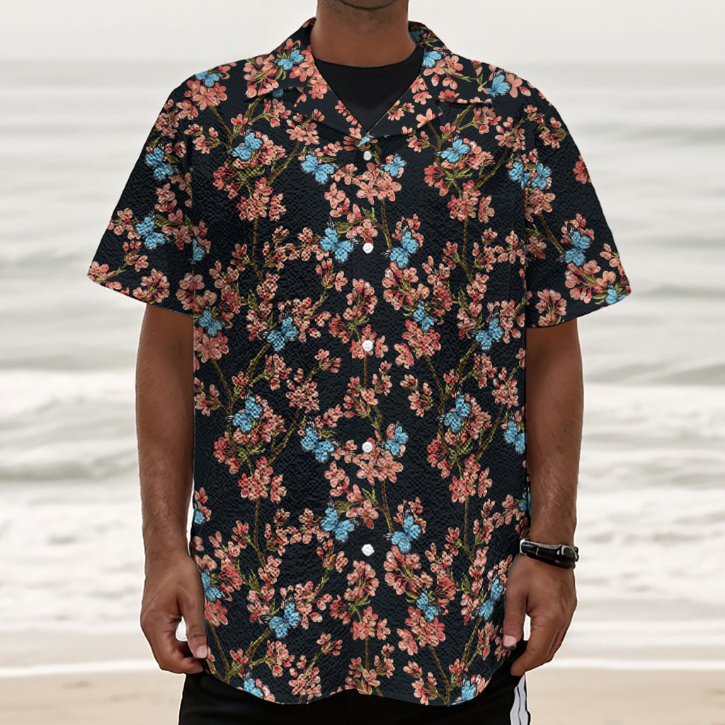 Blossom Flower Butterfly Print Textured Short Sleeve Shirt