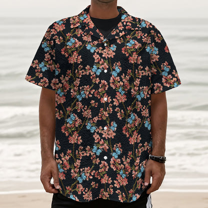 Blossom Flower Butterfly Print Textured Short Sleeve Shirt