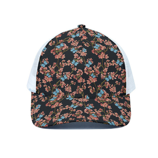 Blossom Flower Butterfly Print White Mesh Trucker Cap