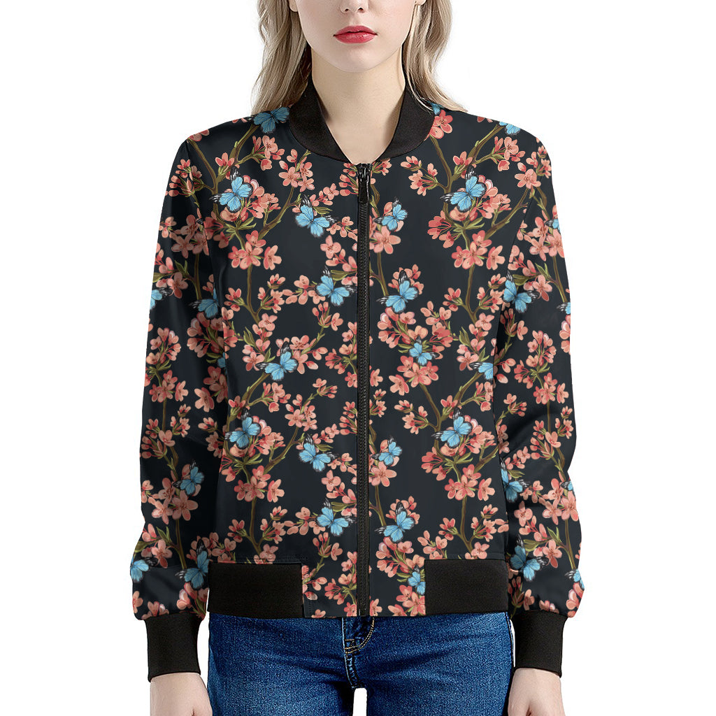 Blossom Flower Butterfly Print Women's Bomber Jacket