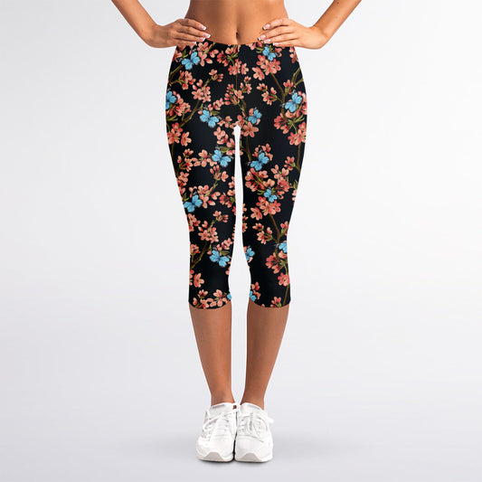 Blossom Flower Butterfly Print Women's Capri Leggings