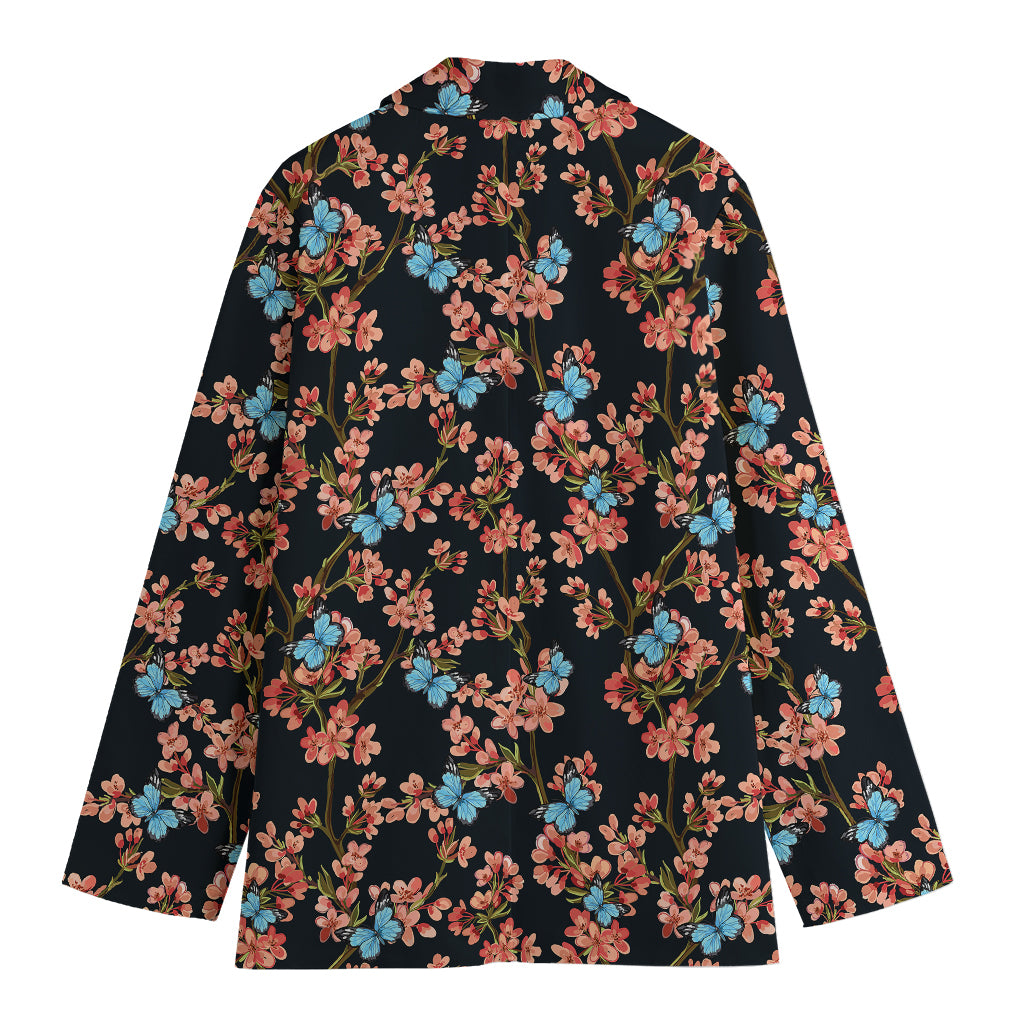 Blossom Flower Butterfly Print Women's Cotton Blazer