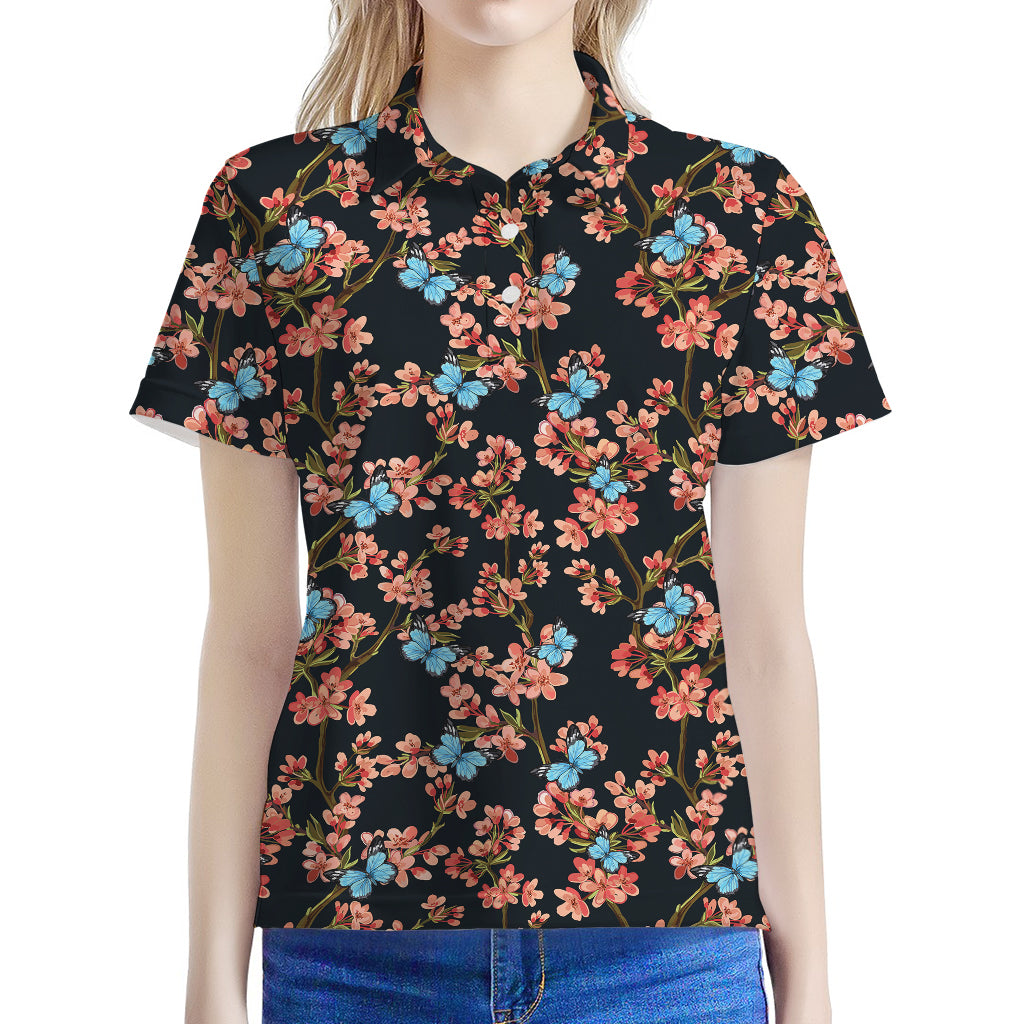 Blossom Flower Butterfly Print Women's Polo Shirt