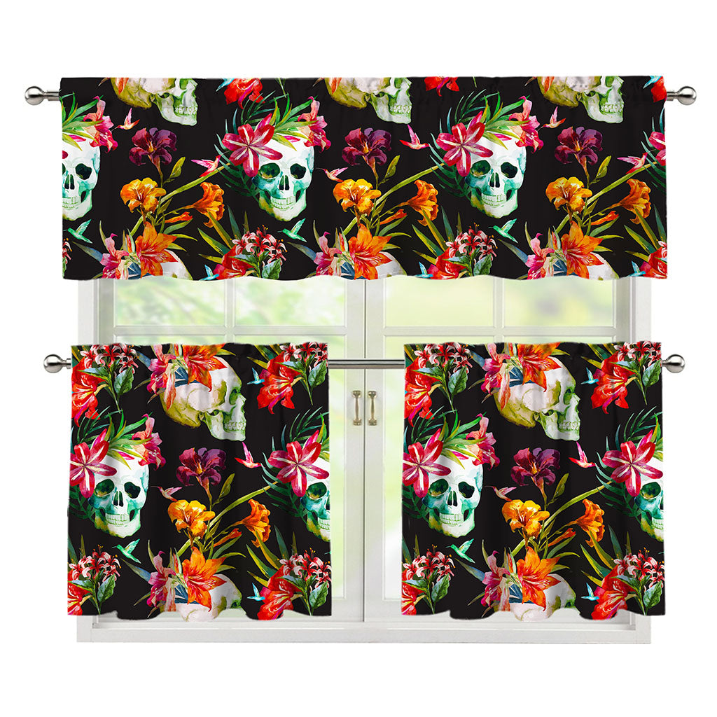 Blossom Flowers Skull Pattern Print 3 Piece Kitchen Curtains