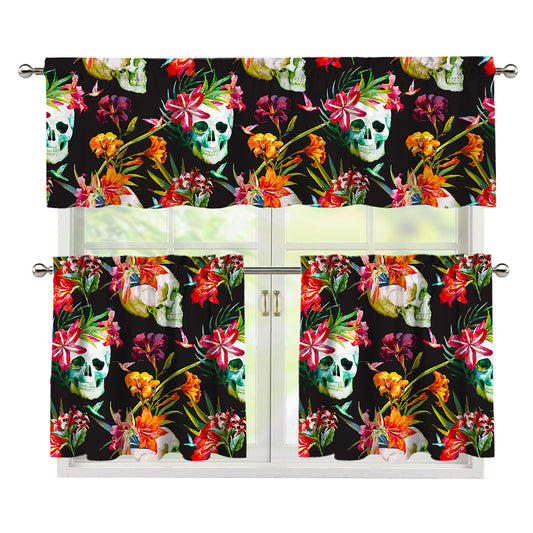Blossom Flowers Skull Pattern Print 3 Piece Kitchen Curtains