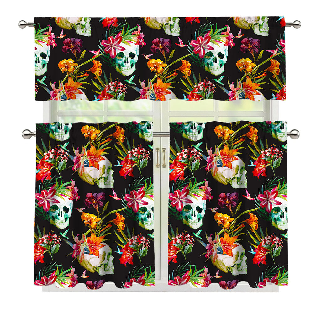 Blossom Flowers Skull Pattern Print 3 Piece Kitchen Curtains